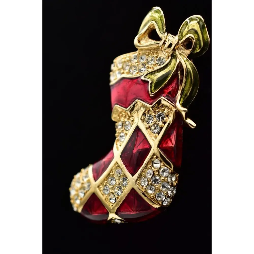 Monet Vintage Christmas Stocking Pin Brooch Red Enamel Bow Crystal Signed BinBG